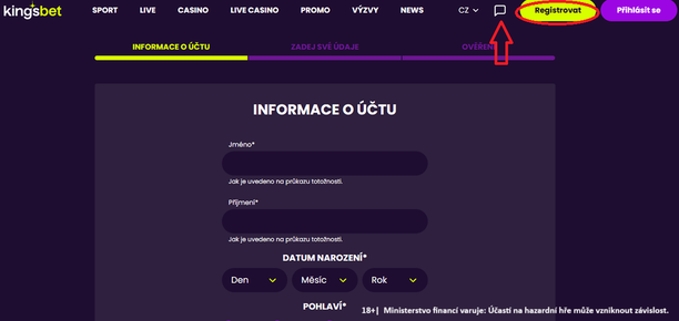 Registrace formulář a nápověda